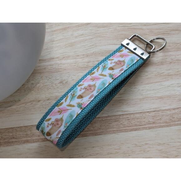 Feather Keychain Wristlet Handmade Boho Fabric Key FOB Sturdy Farmhouse Teal - Picture 5 of 7